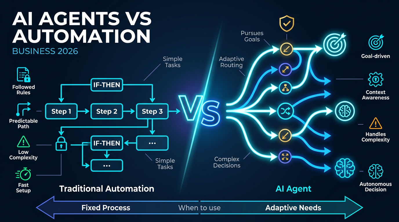 A comparison of a simple automation flow and an AI agent making decisions