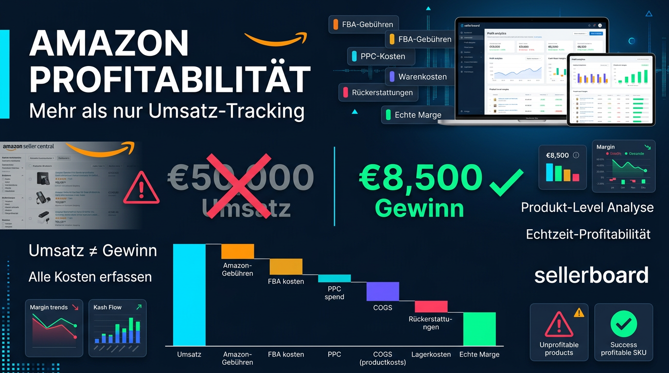 Ein Amazon-Seller analysiert ein Gewinn-Dashboard mit Nettomarge und Gebühren